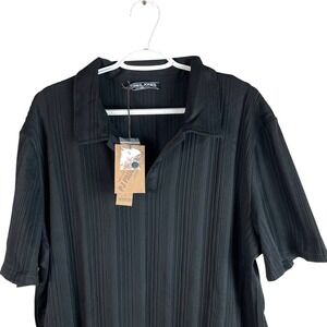 NEW Paul Jones Mens Textured Polo‎ Shirt 2XL Black Striped S/S Stretch Polyester